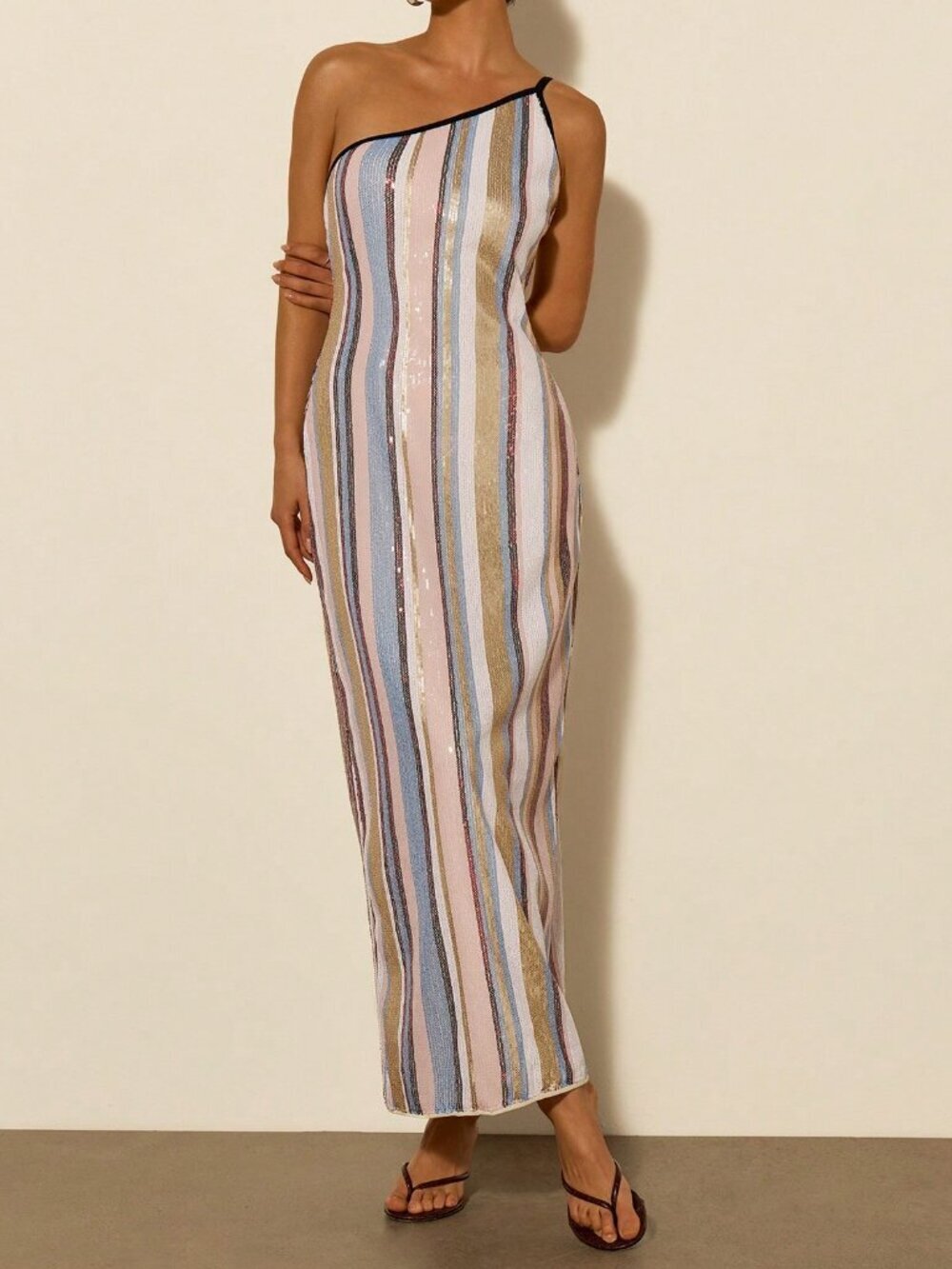 Elegant Women's Asymmetric Neck Jacquard Sequin Maxi Beach Party Dress - Picture 3 of 7